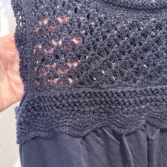 Ann Taylor Loft Size XS Navy Blue Crochet Top Sleeveless Coastal Linen Blend - Picture 3 of 7